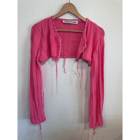 TheOpen Product Pink Ribbed Knit Lace Up Shrug Bolero Cardigan Size 1 Y2K - Picture 4 of 8